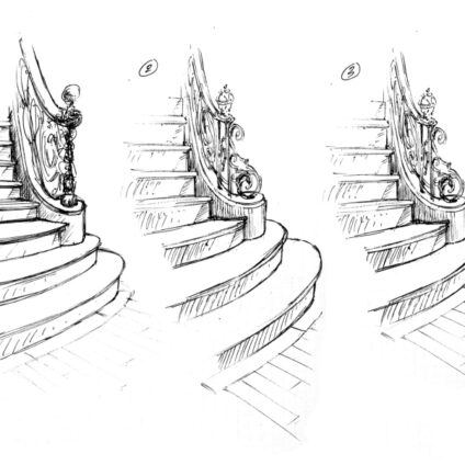 Architecture Décoration aménagement intérieur Château Saint Léger Croquis escalier fer forgé Agence Ducellier Devienne Paris